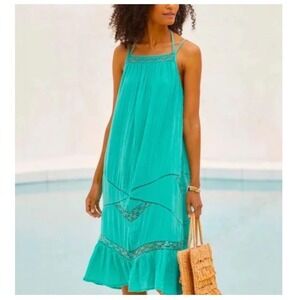 Anthropologie Lace Green Cotton Gauze Crochet Trim Racerback Dress